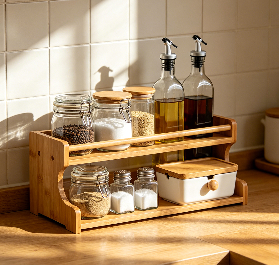 Bamboo Kitchen Spice Jar Rack Storage Holder